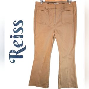 Reiss Patch Pockets Flare Pants Sz 12 Stretch Twill High Rise Tan